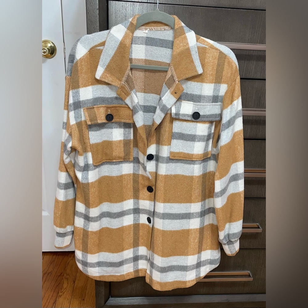 Plaid Button-Up Shacket - Tan and Gray
